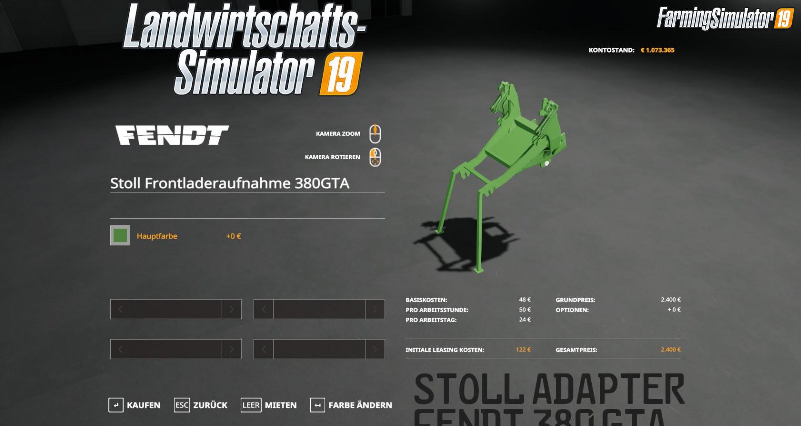 Stoll FL Adapter for Fendt F 380 GTA for FS19