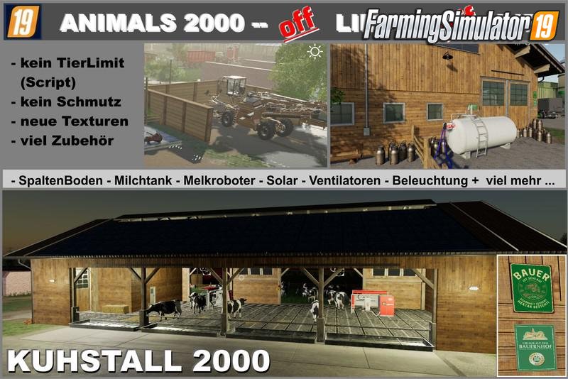 Cowshed 2000 without animal limit + no pollution + accessories v1.3 for FS19